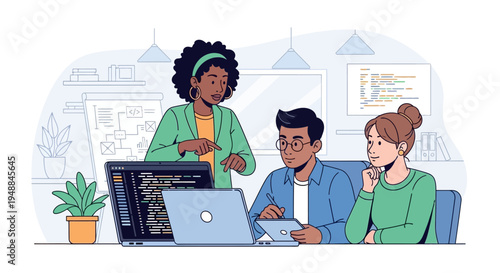 Diverse Software Development Team Collaborating on Code in Modern Tech Office Environment