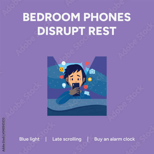 Concerned young person looking at a mobile device late at night in bed causing sleeplessness and disturbing digital notification overload graphic illustration