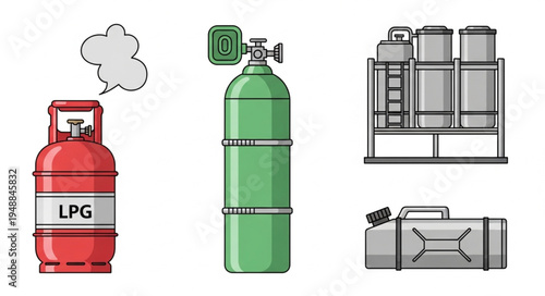 Various Gas Storage Containers and Industrial Equipment Illustration.