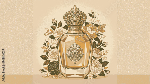 Luxury perfume bottle illustration with floral design and crown elegant vector art for beauty and cosmetics branding