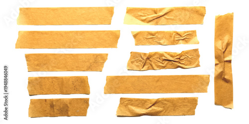 Set of realistic brown adhesive masking tape pieces with crumpled paper texture vector illustration.