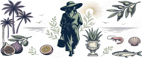 Italian or greek style vacation hand drawn vector illustrations in mixed media collage style with doodle sketch elements. Lemon, palm tree vacation in marker style. Oil drawings for poster, placard.