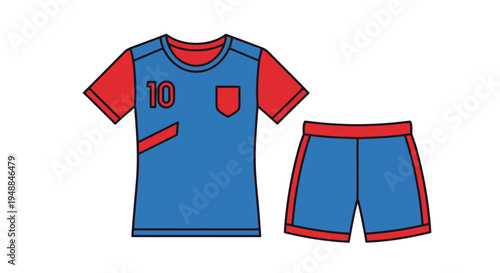 Blue and red soccer uniform with number 10 and shield emblem, isolated on white