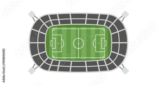 Aerial View of Soccer Stadium Field with Stands and Lights - Vector Illustration