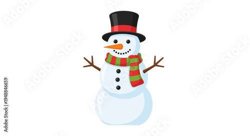 Cheerful Snowman with Top Hat and Scarf on White Background