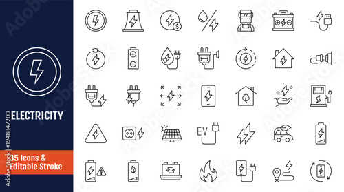Electricity Icons set. Outline icon with Editable stroke. Vector illustration