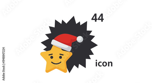 Cute Christmas Star Icon with Santa Hat and Number 44