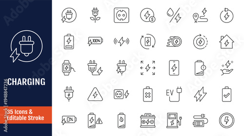 Charging icon set. Includes charge, battery, energy, electricity, charger, recharge, electric car and charging station. Outline icon with Editable stroke. Vector illustration
