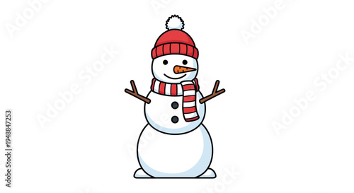 Cute Snowman with Red Hat and Scarf, Winter Character Illustration