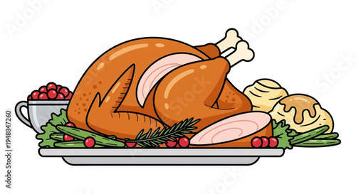 Delicious Roasted Turkey Dinner with Side Dishes, Festive Food Illustration