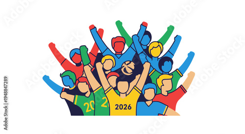 Diverse Crowd Cheering with Arms Raised, Celebrating Success and Sports