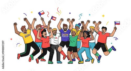 Diverse Group Celebrating Soccer World Cup Victory with Flags and Confetti