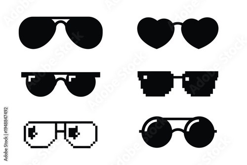 Sunglasses vector set, collection of different glasses types, fashion accessory icons, retro and modern eyewear silhouettes, aviator, heart, wayfarer, pixelated designs, 