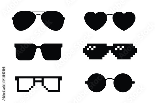 Sunglasses collection, fashion accessory icons, retro and modern glasses, aviator, heart, wayfarer, pixelated styles, eyewear silhouettes, summer, travel, and lifestyle vector illustrations for apps, 