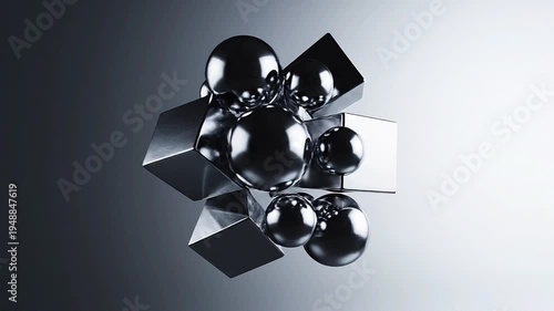 Shiny black spheres and cubes clustered together on a reflective surface indoors