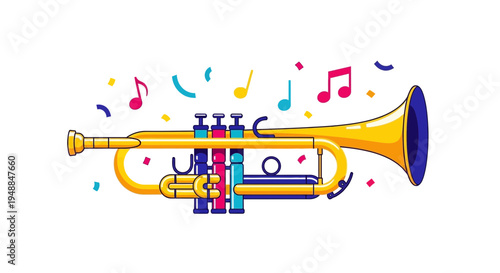 Golden Trumpet with Colorful Music Notes and Confetti - Celebration Concept