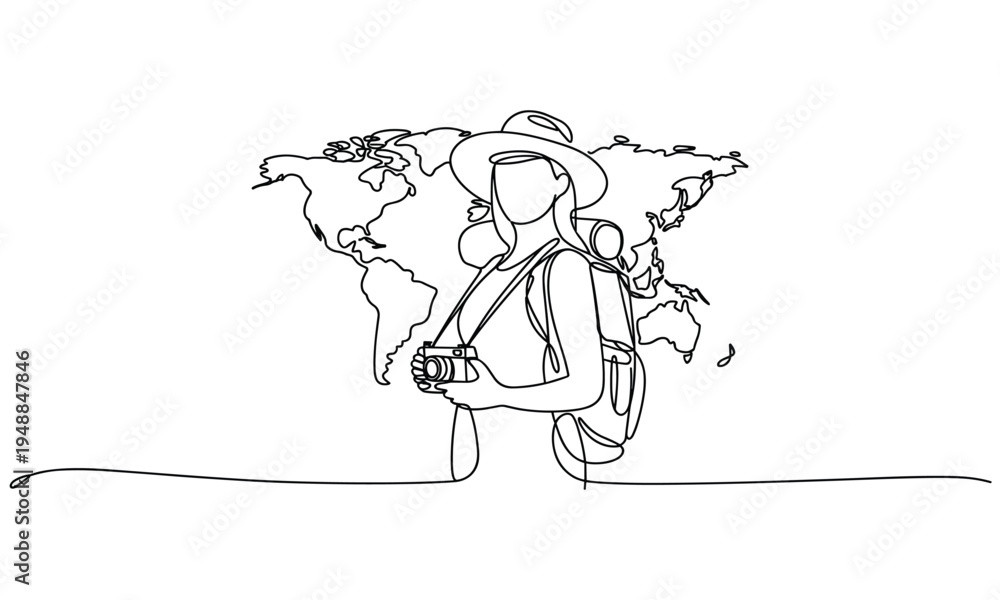 Obraz premium Female traveler with a camera and backpack against world map Continuous line drawing