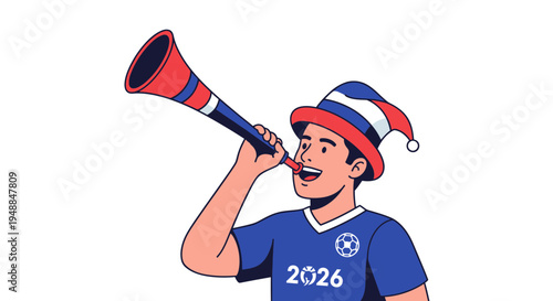 Man blowing vuvuzela horn wearing fan hat and soccer jersey, celebrates 2026