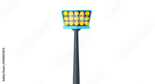 Modern stadium floodlight with multiple bright yellow lamps on a white background