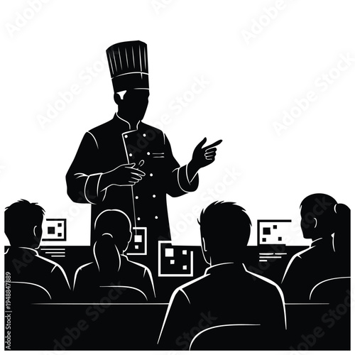 Chef teaching class with students watching computer screens