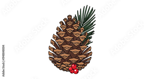Pinecone with Pine Branch and Red Berries - Isolated White Background