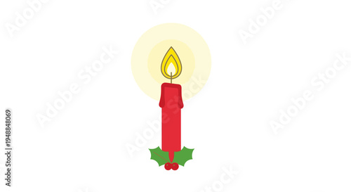 Red Christmas Candle with Holly and Glowing Flame on White Background