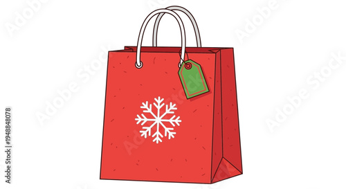 Red Christmas Gift Bag with Snowflake and Tag, Isolated