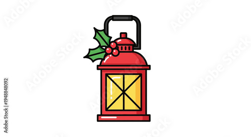 Red Christmas Lantern with Holly Berries and Leaves, Festive Decoration