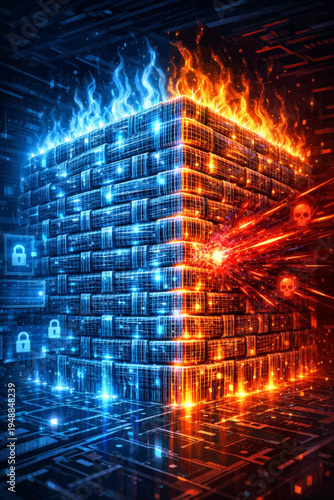 Abstract digital cube representing cybersecurity with blue data protection and red cyber threat elements, featuring flames and circuit patterns.