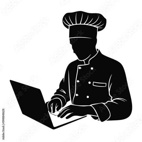 Chef working on laptop silhouette illustration for culinary business