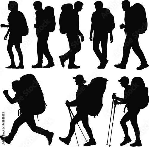 Hiker and backpacker silhouette collection with trekking hikers walking with backpacks and poles isolated on white background, outdoor adventure travel vector set