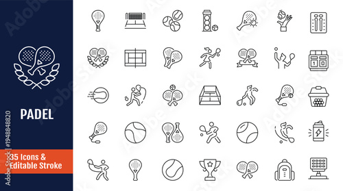 Paddle cons set. Includes racket, court, ball, and more. Outline icon with Editable stroke. Vector illustration