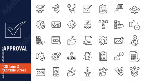 Approval icon set. Includes accept, certified, agreement, approve, validation, confirmation and more. Outline icon with Editable stroke. Vector illustration