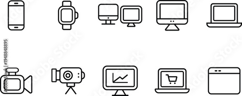 A collection of simple outline icons representing modern technology and digital devices for various applications
