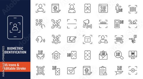 Biometric icon set. Includes Security, authentication, detection, sensor, body analysis and more. Outline icon with Editable stroke. Vector illustration