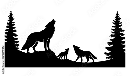 Howling Wolf Family Mountain Forest Scene Silhouette Vector Clipart