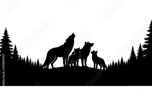 Wolf Pack with Cub Forest Mountain Silhouette Vector Cut File Design