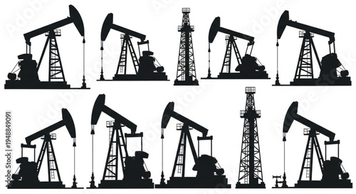 Silhouette of Oil Pumps and Drilling Rigs - Extracting Resources.