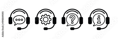 Support service icon set, isolated support icons, call center line vector symbols, service signs, live chat symbols, editable stroke, vector illustration collection for websites, apps,