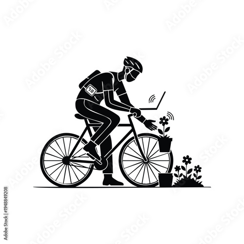 Cyclist silhouette checking plants while using laptop and smart tech