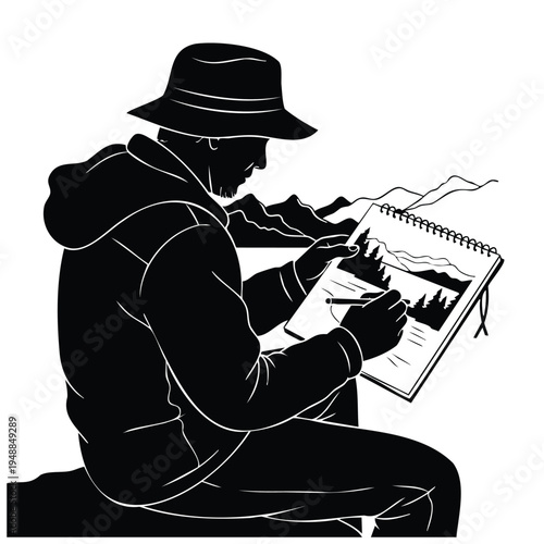 Creative artist silhouette drawing landscape in sketchbook outdoors