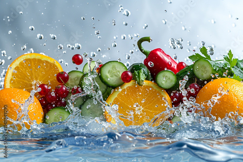 “Fresh Produce in Dynamic Water Splash”