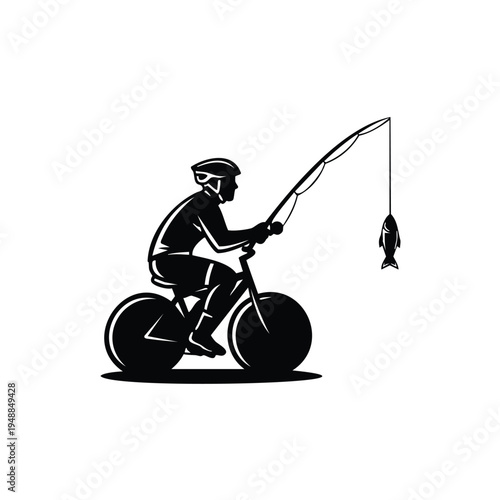 Cyclist silhouette riding bike fishing rod fish bait side view