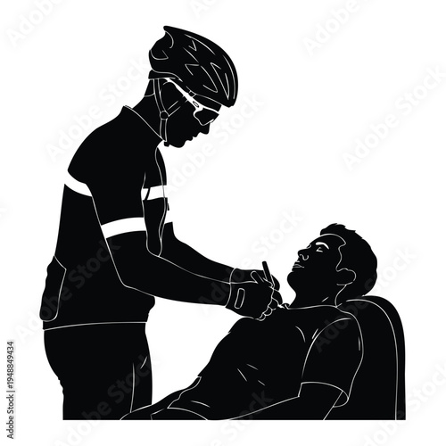 Cyclist silhouette providing first aid to injured man on ground sign