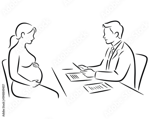 Pregnant woman consults with a doctor at a desk surrounded by papers  line art drawing 