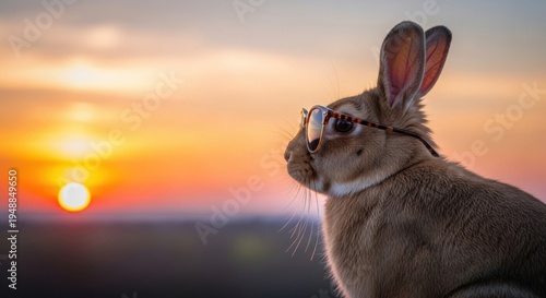 Charming rabbit wearing stylish glasses gazes at the sunset horizon