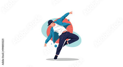 Energetic breakdancer performing dynamic hip hop dance move in front of abstract colorful circular shapes in modern vector art style.