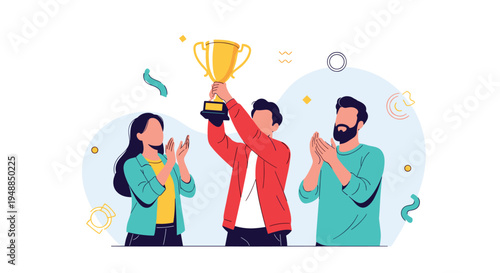 Group of diverse colleagues celebrating success by holding golden trophy cup while teammates clap and cheer in joyful office setting.