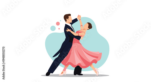 Professional ballroom dance partners in elegant formal attire performing graceful waltz or tango routine against soft blue background.