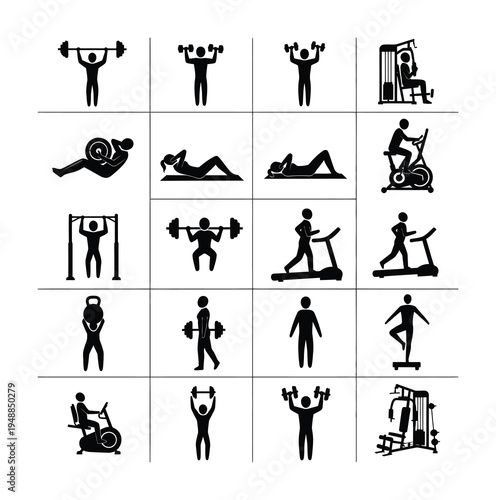 Vectors of various gym activities and exercises performed by individuals using diverse workout equipment